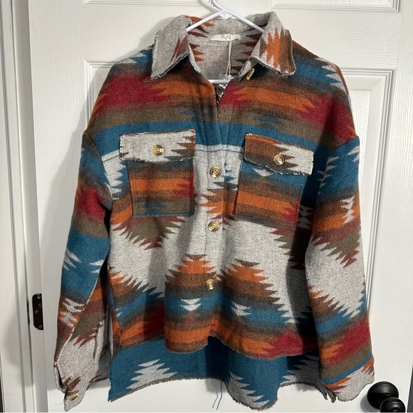 Mulla "Jackson" shacket, size Sm., Aztec print, hi-lo, raw edge, blue/rust - Picture 1 of 9